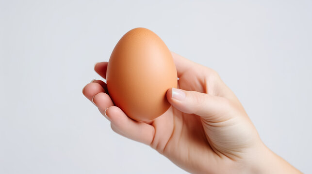 Hand holding egg on white background