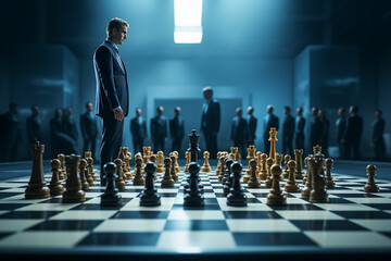 Generative AI Image of Businessman Standing on Chessboard with Chess Pieces
