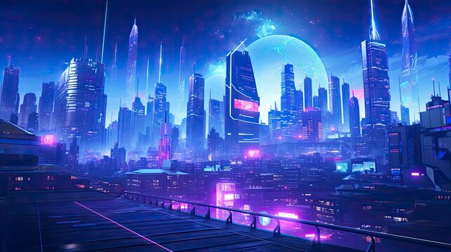  A futuristic, cyberpunk inspired cityscape at night. © Md