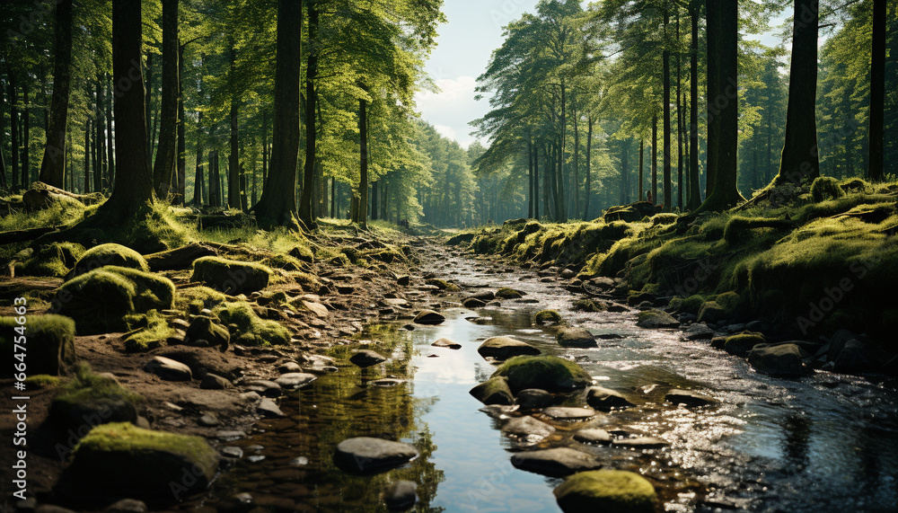 Sticker tranquil scene of a green forest with flowing water motion generated by ai