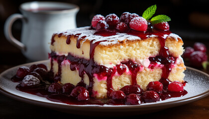 A gourmet dessert plate with fresh fruit, raspberry cheesecake slice generated by AI