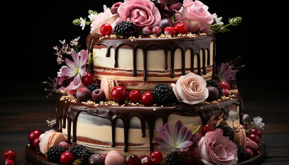 Chocolate cheesecake with strawberry and raspberry decoration on a tiered cake generated by AI - obrazy, fototapety, plakaty