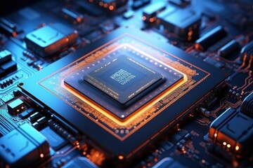 Fototapeta na wymiar Futuristic central processor unit. Powerful Quantum CPU motherboard.