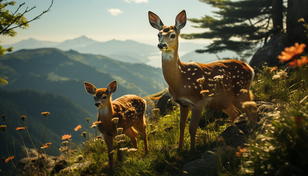 Cute deer grazing in meadow, surrounded by nature beauty generated by AI