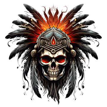 native indian skull head tattoo design dark art illustration isolated on white background