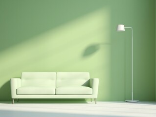 Modern interior room with white sofa and floor lamp in front of light green wall generative ai