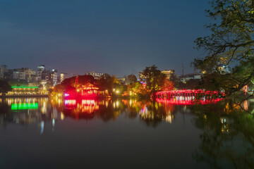 Red Bridge - The Huc Bridge in Hoan Kiem Lake, center of Hanoi, Vietnam