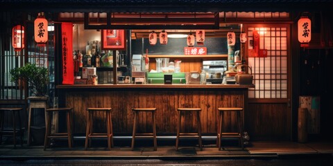 Obraz premium a beautiful Japanese Tokyo city ramen shop restaurant bar in the dark night evening, generative AI