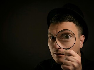 brunette man in a black hat with a magnified glass on a dark background close-up cinematic 