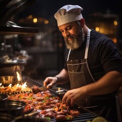 Portrait of cooking arabian chef at kitchen background. AI generated 