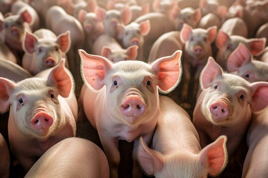 Farm raising pigs in barns for pork production. Generative AI