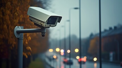 Security  traffic camera on the road fines for speeding cars, control watching - obrazy, fototapety, plakaty