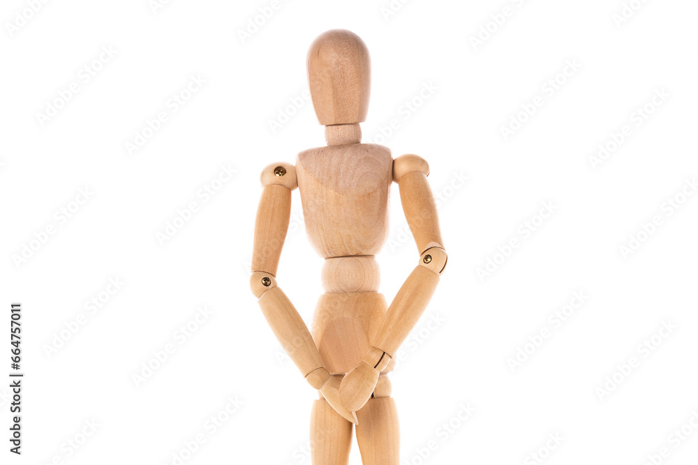 Poster a wooden mannequin standing in front of a white background. this versatile image can be used for var