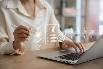 Human resource management, Businesswoman using laptop effective management and recruitment,...