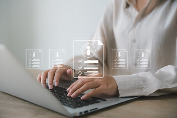 Human resource management, Businesswoman using laptop effective management and recruitment, effective organizational structure, organizational leadership and team building.