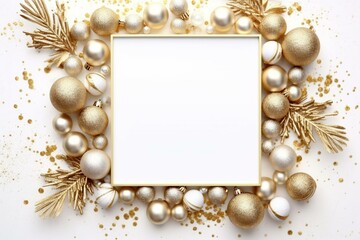 Festive holiday card with golden decoration and glitter frame on a white background. Generative AI