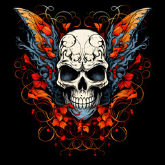 Skull with butterfly tshirt tattoo design dark art illustration