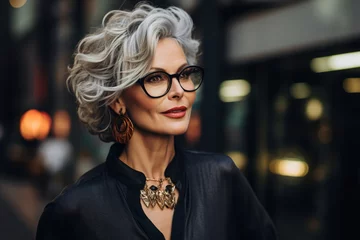 Tuinposter Elegant stylish senior businesswoman on a city street, portrait of a beautiful middle-aged woman with glasses and gray short hairstyle outdoors © Sergio