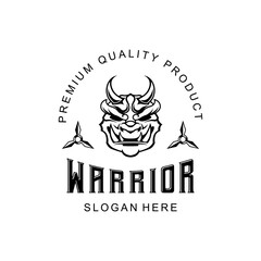 Japanesse Mask of Ronin Samurai Warrior Logo Helmet in vintage style black and white vector illustration