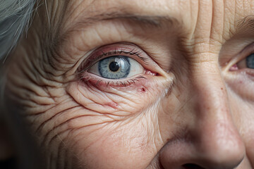 close-up, pale skin of an old woman with wrinkles and gray hair, blue eye