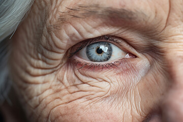 close-up, pale skin of an old woman with wrinkles and gray hair, blue eye