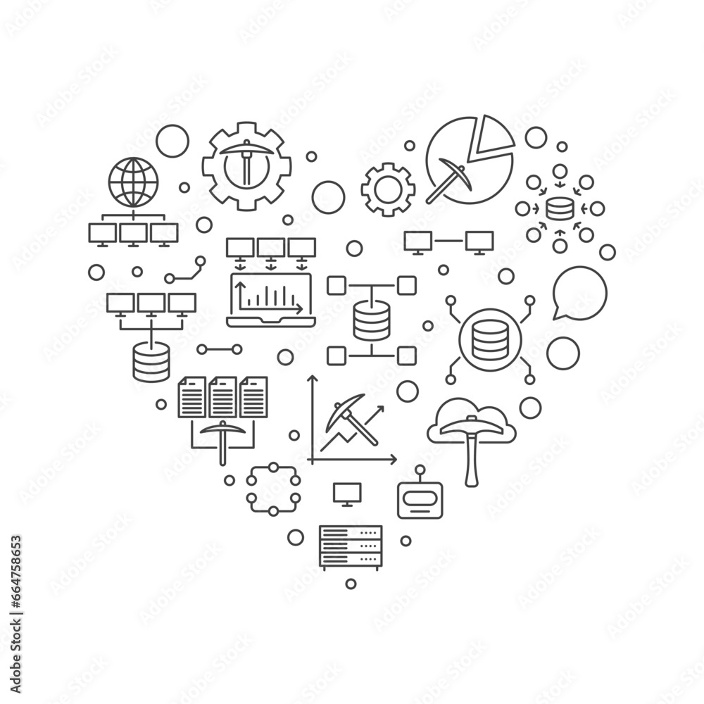 Poster data mining heart line banner. database analytics concept linear illustration