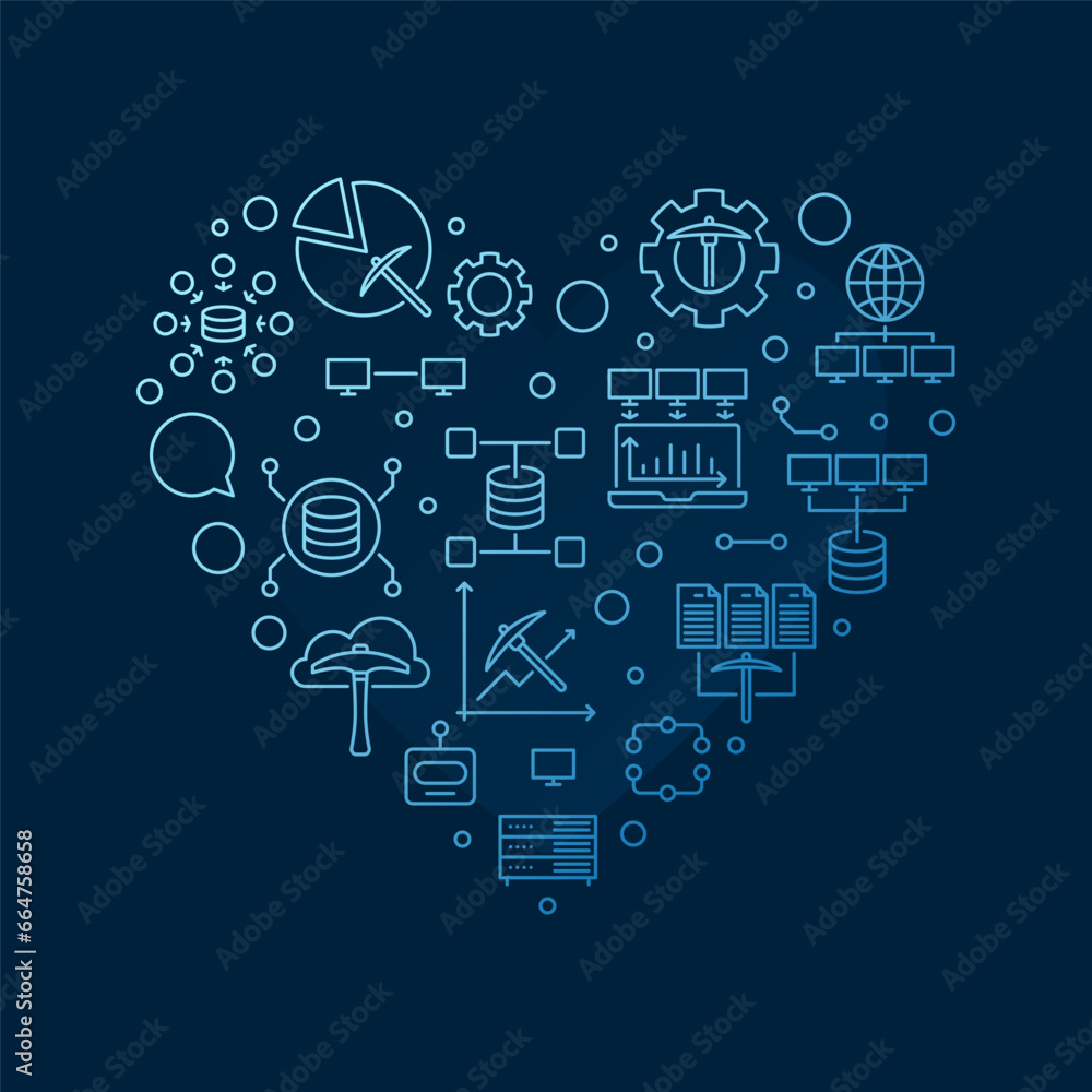Poster data mining heart-shaped blue outline banner. database analytics concept illustration