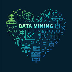 Data Mining Heart colored banner in thin line style - Database Analytics concept illustration
