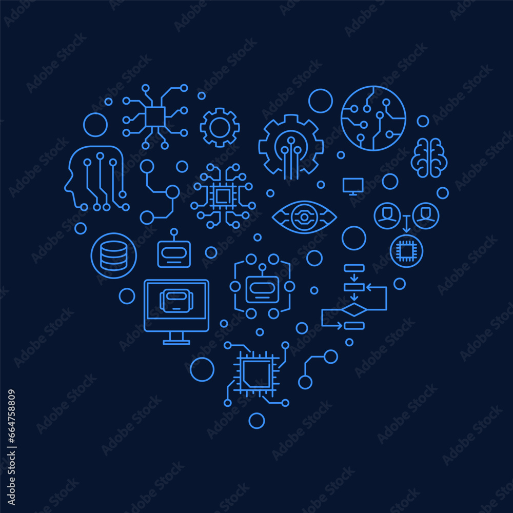 Poster machine learning technology - ml heart concept vector thin line blue banner
