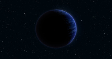 Abstract realistic space spinning planet round sphere with a blue water surface in space against the background of stars