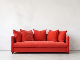 Red sofa with pillows on a white interior wall generative ai