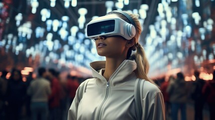 A shopper navigating through a virtual reality store, exploring the future of immersive e-commerce, Concept of online shopping experiences.