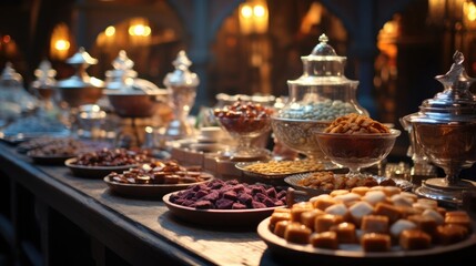 Naklejka premium Sweets like baklava and Turkish delight at Turkish bazaar filled.