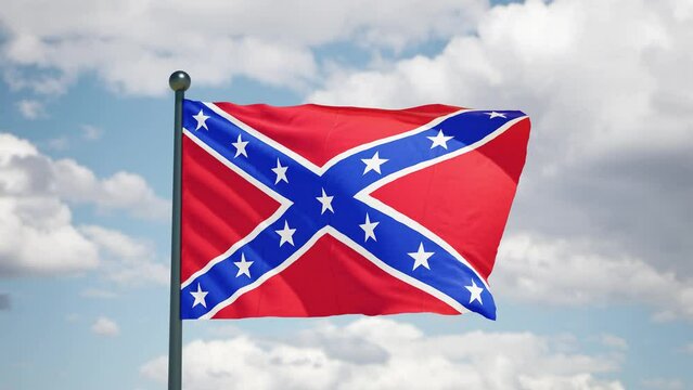 Confederate navy flag 1863 flutters in the wind. Historycal USA flag on cloudy background.