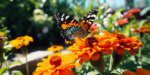 Butterflies flying over red garden flowers stock  Floral Beauty with Butterflies 