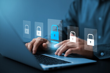 Cybersecurity and data protection, businessman using laptop internet network security, protect business and financial transaction data from cyber attack, user private data security encryption.