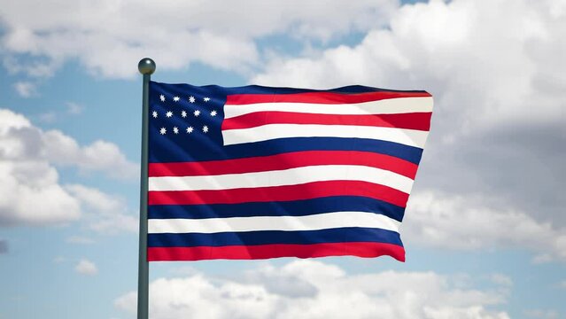 United states of America Serapis flag 1779 flutters in the wind. USA national flag. Cloudy sky background.