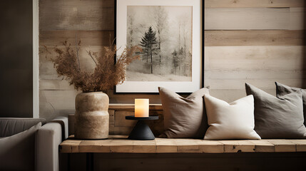 Include a piece of personalized decor or a cherished item on the side table, adding a unique and intimate touch to the rustic minimalist interior