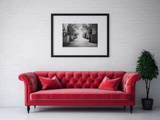 Red sofa with pillows on a white interior wall generative ai