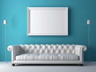 White frame mockup on a blue wall with White couch generative ai