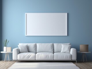 White frame mockup on a blue wall with White couch generative ai