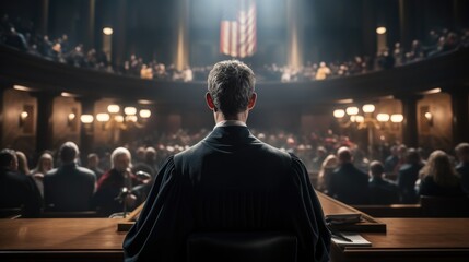 A judge presiding over a courtroom, Concept of the legal system, Back view.