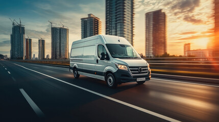 Modern delivery shipment cargo courier van moving fast on motorway road, Business logistics express service. - Powered by Adobe