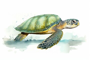 A solitary turtle in sea green, painted with watercolors on a white background. Generative AI