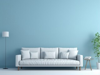Fototapeta na wymiar White frame mockup on a blue wall with White couch generative ai