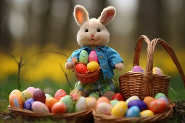 Colorful Easter bunny holding a basket of eggs. Generative AI