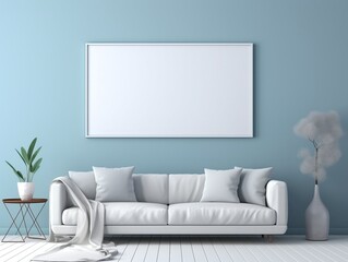 White frame mockup on a blue wall with White couch generative ai