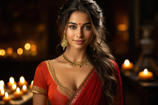 Young indian woman in traditional saree on diwali festival
