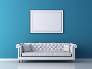 White frame mockup on a blue wall with White couch generative ai
