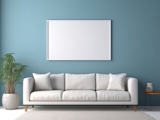 White frame mockup on a blue wall with White couch generative ai